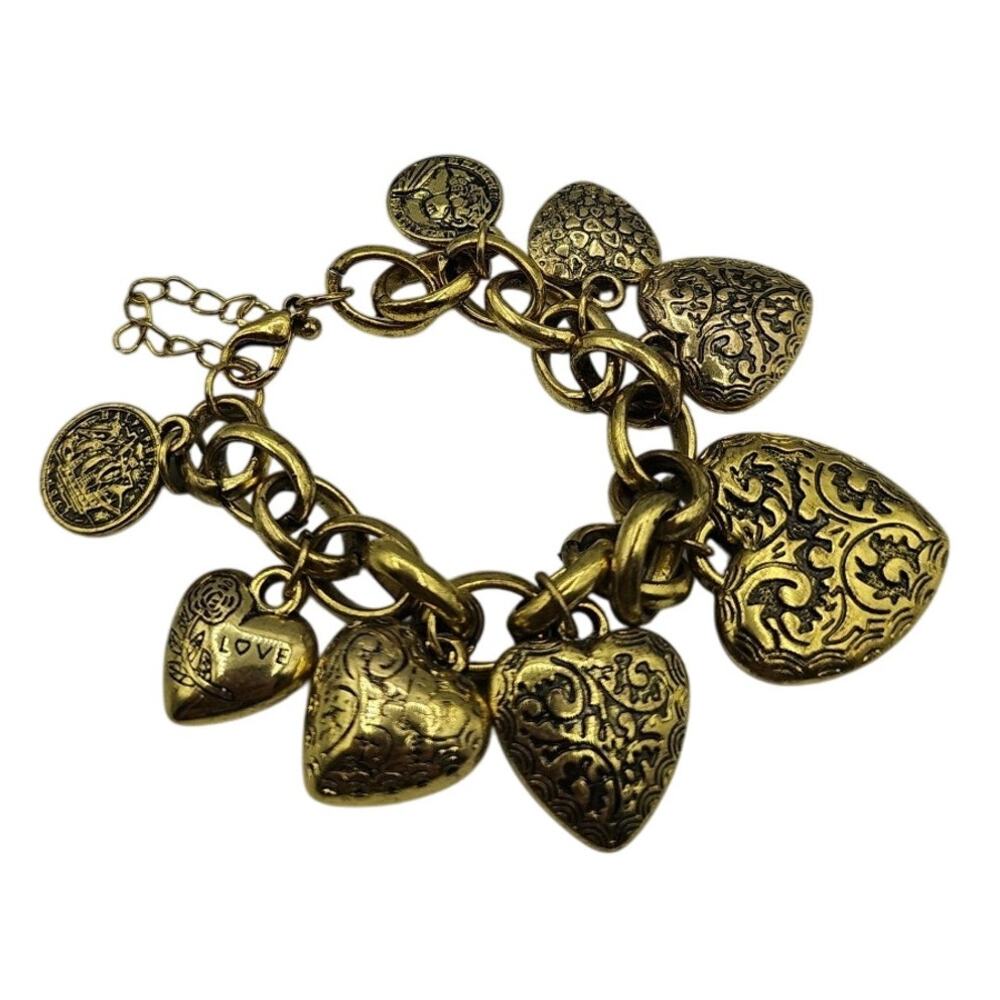 Gold Tone Heart And Coin Charm Bracelet